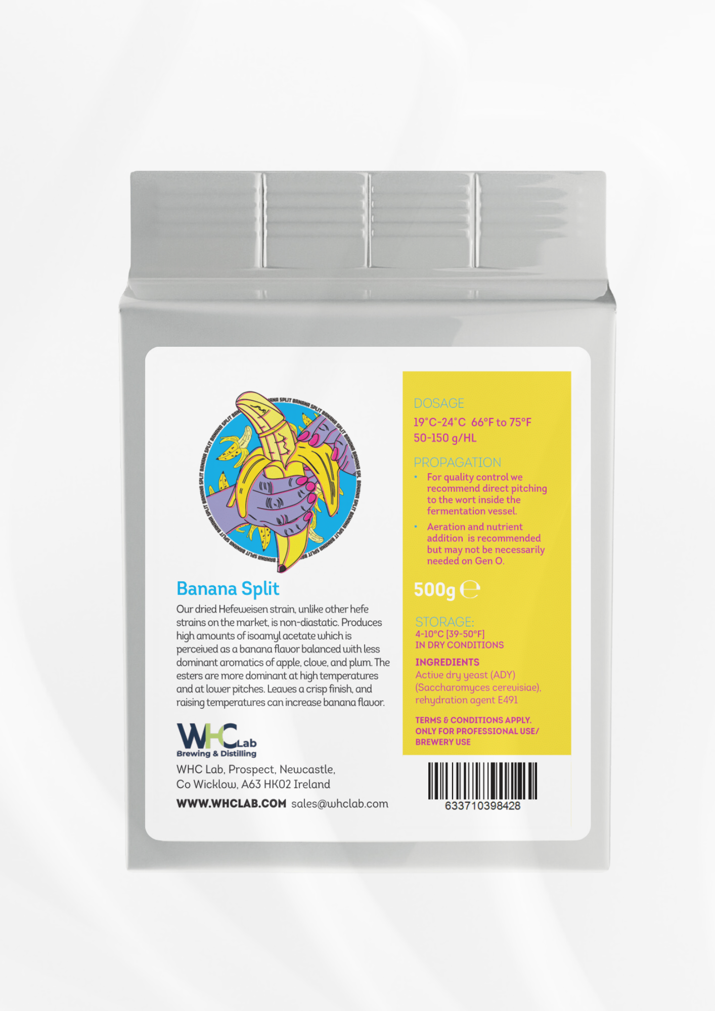 WHC Lab Banana Split 500g dehydrated Hefeweizen brewing yeast, a non-diastatic strain producing banana-forward esters with hints of apple, clove, and plum. Packaging features a vibrant illustration of a hand holding a peeled banana and includes dosage, propagation, and storage details.