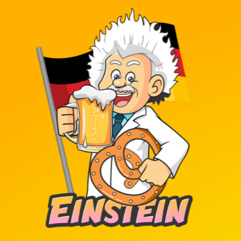 HC Lab Einstein 500g dehydrated German lager yeast, a bottom-fermenting strain for clean fermentation with low ester formation. Packaging features a cartoon Einstein character holding a beer, with a German flag background, and includes dosage, propagation, and storage details.