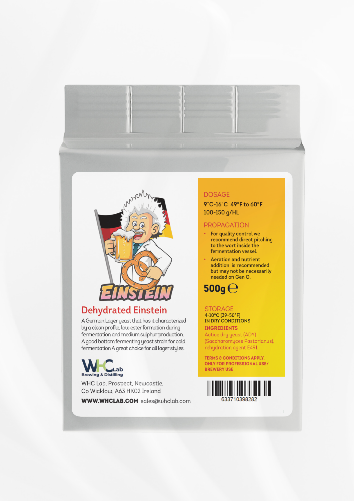 HC Lab Einstein 500g dehydrated German lager yeast, a bottom-fermenting strain for clean fermentation with low ester formation. Packaging features a cartoon Einstein character holding a beer, with a German flag background, and includes dosage, propagation, and storage details.