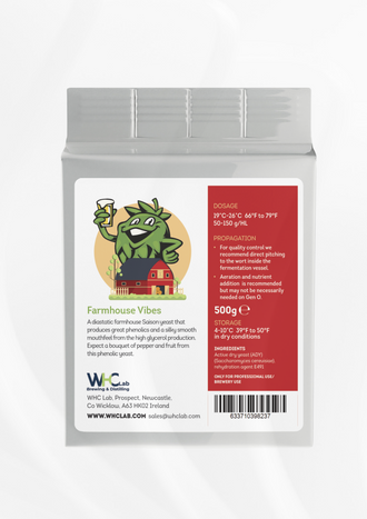 WHC Lab Farmhouse Vibes 500g dehydrated Saison brewing yeast, a diastatic strain for farmhouse-style beers. Packaging features a cheerful hop character holding a beer, with a barn background, and includes dosage, propagation, and storage details.