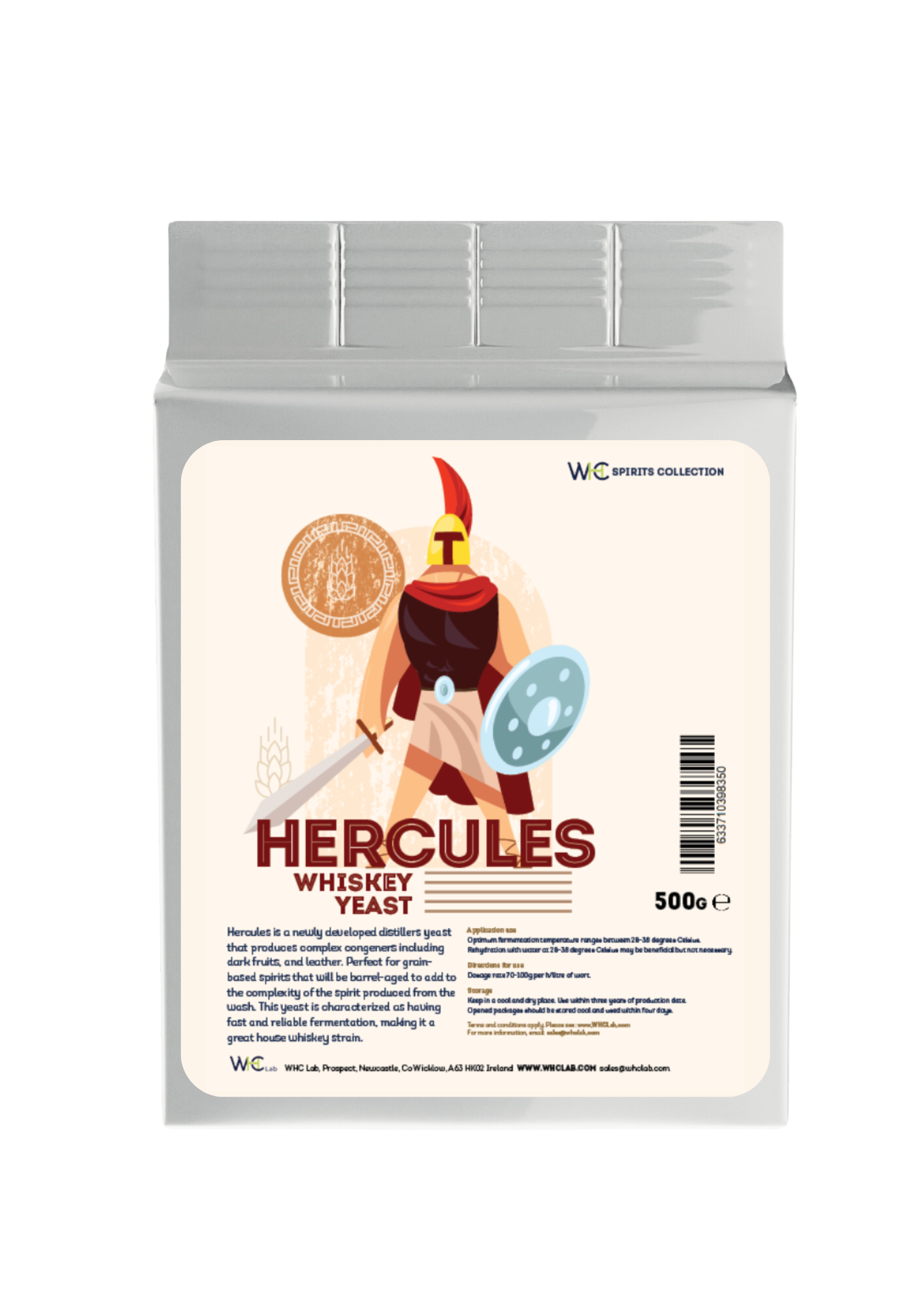 WHC Lab Hercules Whiskey Yeast – 500g pack of specialized distillers yeast for whiskey production. Designed for professional distilleries, this strain enhances complexity with rich dark fruit, leather, and ester-driven flavors, ideal for grain-based spirits aged in barrels. Optimized for fermentation at high temperatures, ensuring a robust and full-bodied whiskey profile. Store in dry conditions at 4-10°C (39-50°F).