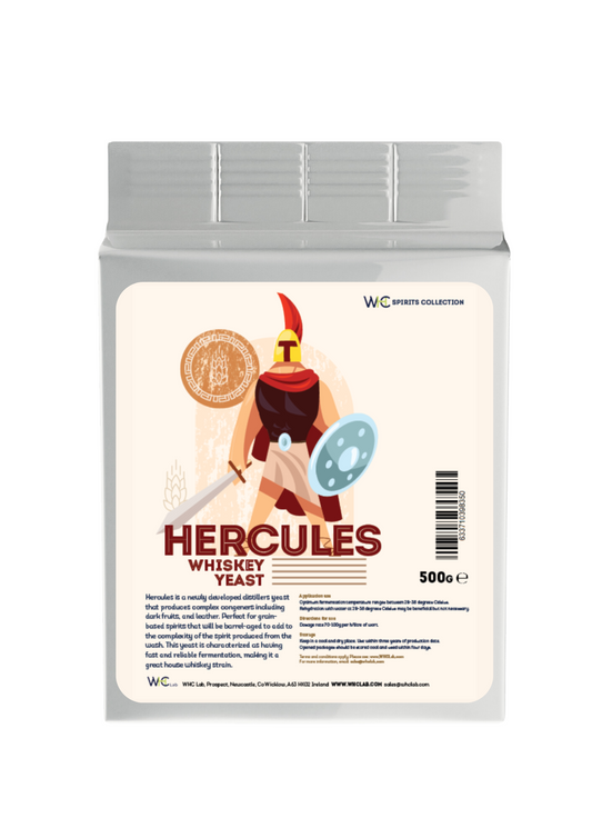 WHC Lab Hercules Whiskey Yeast – 500g pack of specialized distillers yeast for whiskey production. Designed for professional distilleries, this strain enhances complexity with rich dark fruit, leather, and ester-driven flavors, ideal for grain-based spirits aged in barrels. Optimized for fermentation at high temperatures, ensuring a robust and full-bodied whiskey profile. Store in dry conditions at 4-10°C (39-50°F).