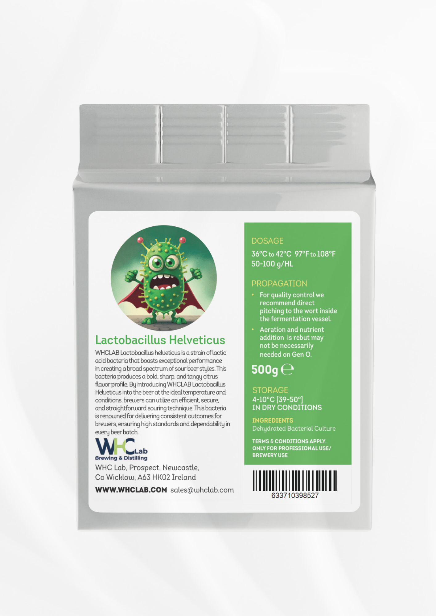 "WHC Lab Lactobacillus Helveticus dehydrated bacterial culture packaging for sour beer fermentation, featuring a cartoon green bacteria illustration. Includes dosage, propagation, and storage instructions.