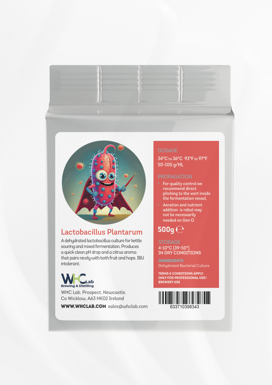 WHC Lab Lactobacillus Plantarum dehydrated culture packaging for kettle souring and mixed fermentation, featuring a colorful cartoon bacteria illustration. Includes dosage, propagation, and storage details.