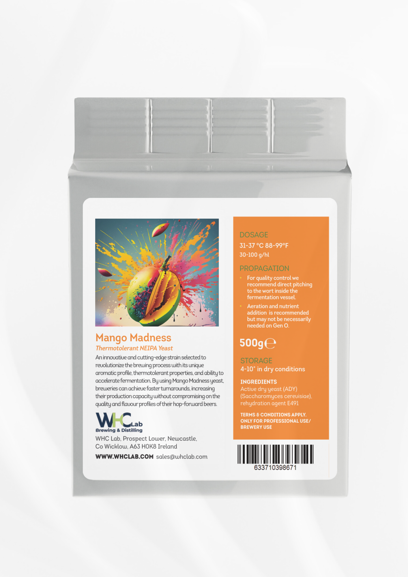 WHC Lab Mango Madness Yeast – 500g pack of thermotolerant active dry yeast (Saccharomyces cerevisiae) for brewing NEIPA and hop-forward beers. Designed for professional brewery use, this innovative strain enhances fermentation speed, boosts aromatic profiles, and thrives at high temperatures (31-37°C / 88-99°F). Ideal for breweries aiming for faster turnarounds without compromising flavor. Store in dry conditions at 4-10°C (39-50°F).