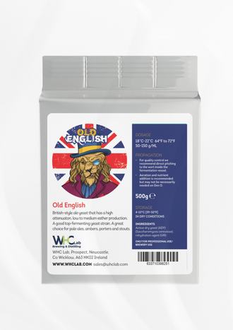 WHC Lab Old English Yeast – 500g pack of British-style active dry yeast (Saccharomyces cerevisiae) for brewing traditional ales. Designed for professional brewery use, offering high attenuation with low to medium ester production. Ideal for pale ales, ambers, porters, and stouts. Optimal fermentation at 18-22°C (64-72°F). Stored in dry conditions at 4-10°C (39-50°F).