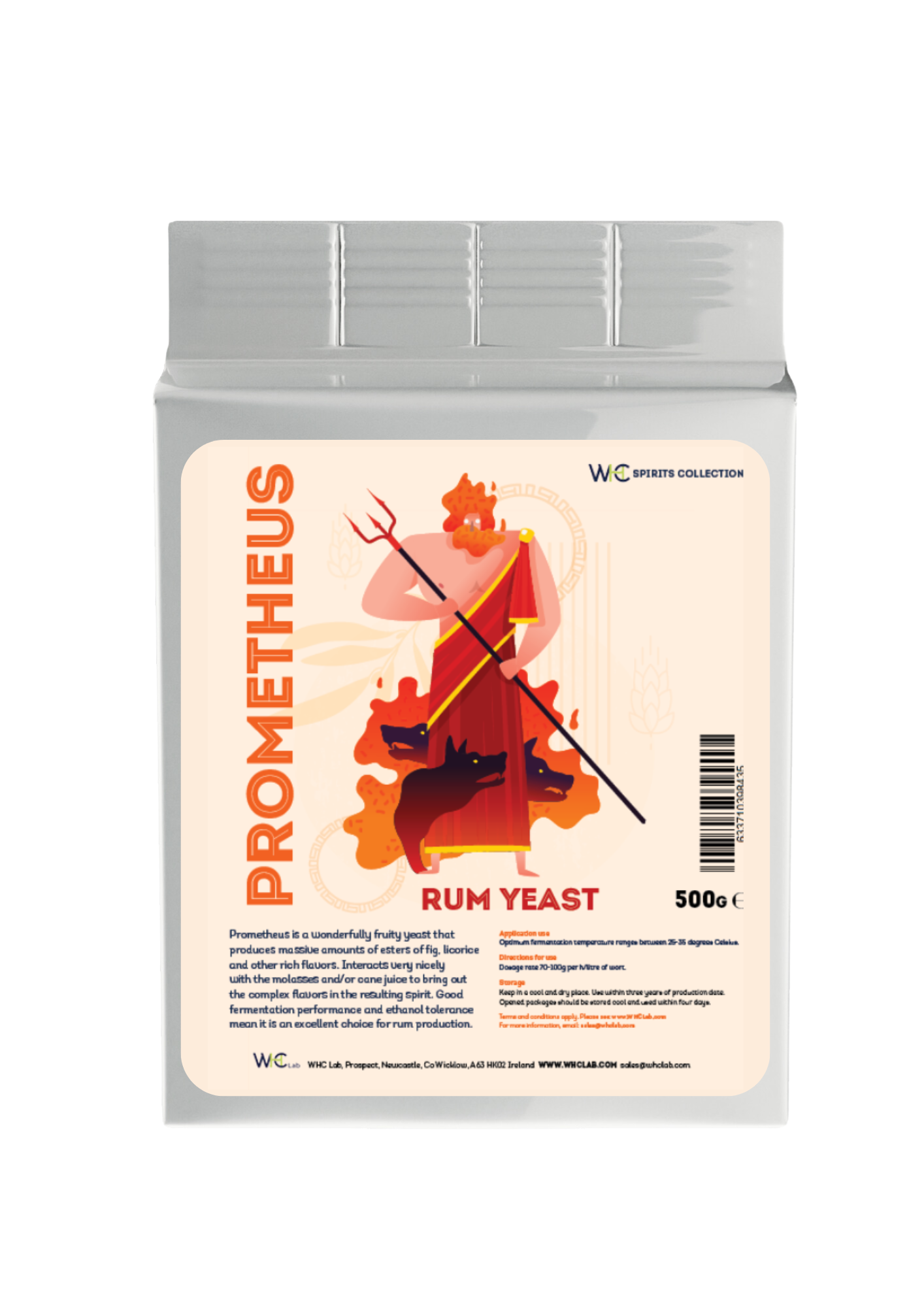 WHC Lab Prometheus Rum Yeast – 500g pack of premium active dry yeast for rum fermentation. Designed for professional distilleries, this strain enhances rich fruity esters, fig, licorice, and tropical spice flavors, complementing molasses and cane juice-based spirits. Optimized for high-temperature fermentation (25-35°C), ensuring superior ethanol tolerance and a complex aromatic profile. Store in dry conditions at 4-10°C (39-50°F).