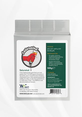 WHC Lab Saturated Yeast – 500g pack of top-cropping English ale yeast for brewing. A highly versatile NEIPA yeast strain, delivering juicy tropical fruit esters, strong biotransformation, and excellent haze stability. Ideal for a wide range of beer styles, from New England IPAs to cask ales. Designed for professional brewery use, with optimal fermentation at 18-22°C (64-72°F). Store in dry conditions at 4-10°C (39-50°F).