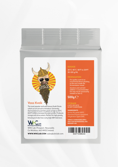 WHC Lab Voss Kveik Yeast – 500g pack of high-performance active dry yeast for brewing. A well-known Norwegian Kveik strain with extreme thermotolerance, fermenting at up to 40°C (104°F) to enhance ester production. Produces vibrant orange and citrus flavors, ideal for high-gravity brewing with excellent alcohol tolerance. Designed for professional brewery use. Store in dry conditions at 4-10°C (39-50°F).