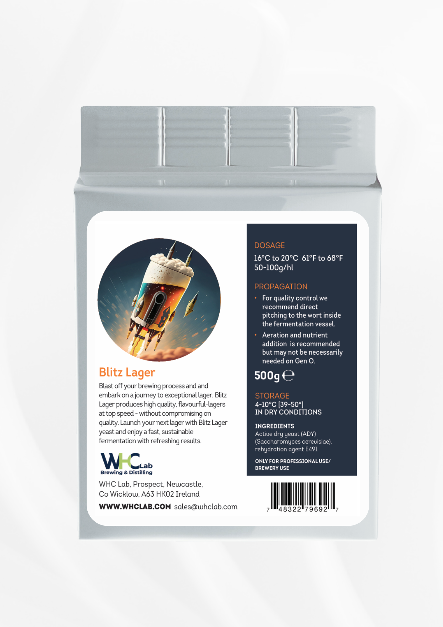 WHC Lab Blitz Lager Yeast – 500g pack of professional-grade active dry yeast (Saccharomyces cerevisiae) for fast and flavorful lager fermentation. Designed for brewery use, with optimal fermentation at 16-20°C (61-68°F). Packaged for freshness and stored in dry conditions at 4-10°C (39-50°F).