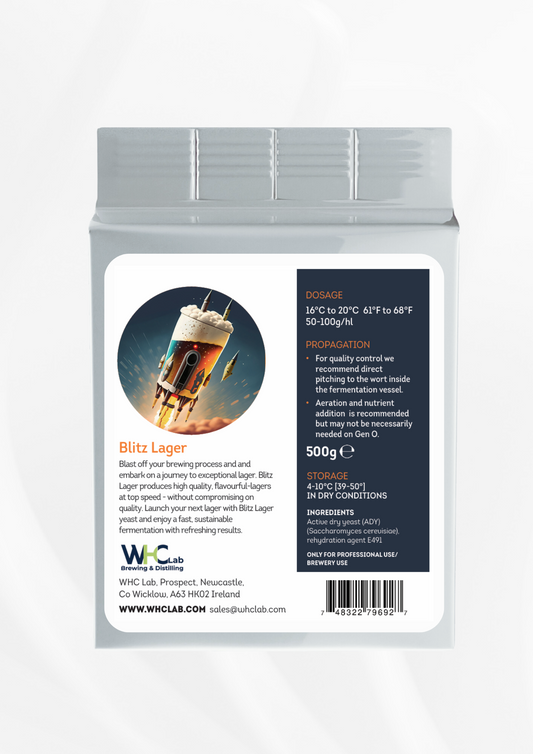 WHC Lab Blitz Lager Yeast – 500g pack of professional-grade active dry yeast (Saccharomyces cerevisiae) for fast and flavorful lager fermentation. Designed for brewery use, with optimal fermentation at 16-20°C (61-68°F). Packaged for freshness and stored in dry conditions at 4-10°C (39-50°F).