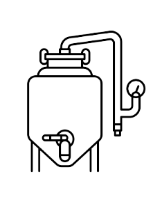 Line drawing of a conical fermenter with a pressure gauge and piping, used in brewing and fermentation processes.